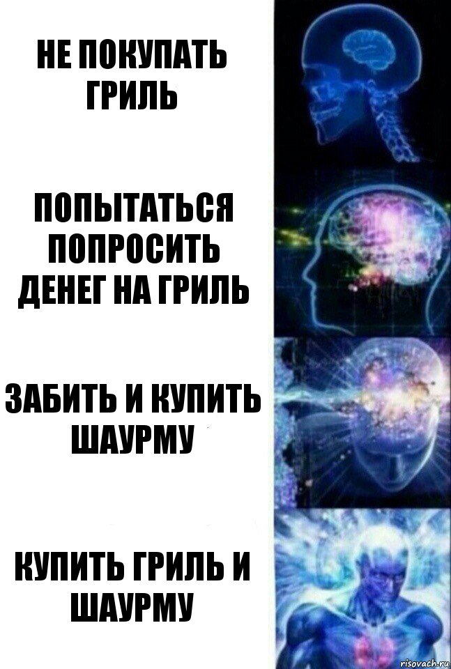 Не покупать гриль Попытаться попросить денег на гриль забить и купить шаурму купить гриль и шаурму, Комикс  Сверхразум