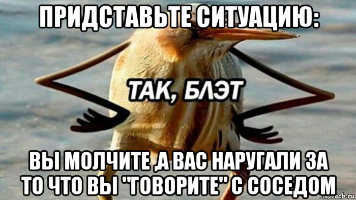 придставьте ситуацию: вы молчите ,а вас наругали за то что вы "говорите" с соседом, Мем  Так блэт