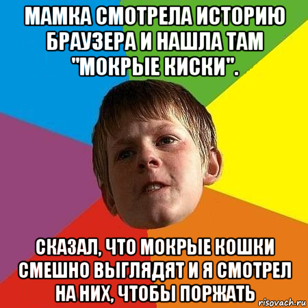 мамка смотрела историю браузера и нашла там "мокрые киски". сказал, что мокрые кошки смешно выглядят и я смотрел на них, чтобы поржать