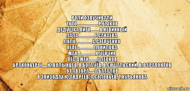 Роли озвучивали
Тото.......................Р.Быков
Дедушка Пиго..........В.Невинный
Лала..................Е.Санаева
Лоло..................С.Степченко
Пепе..................Л.Гнилова
Мак...................Н.Ченчик
Пёс Джек.........Е.Леонов
Браконьеры......Ю.Волынцев, В.Богачёв, В.Сошальский, В.Ферапонтов
От автора......А.Баталов
В эпизодах Ю.Андреев, А.Соловьёв, Т.Курьянова