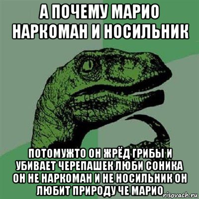 а почему марио наркоман и носильник потомужто он жрёд грибы и убивает черепашек люби соника он не наркоман и не носильник он любит природу че марио, Мем Филосораптор