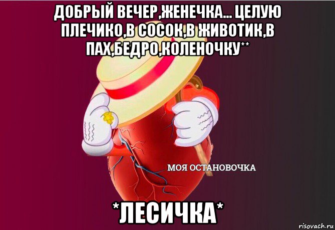 добрый вечер,женечка... целую плечико,в сосок,в животик,в пах,бедро,коленочку** *лесичка*, Мем   Моя остановочка