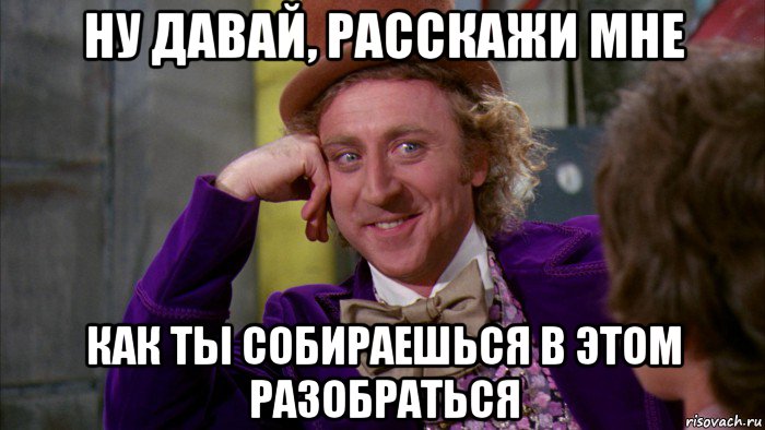 ну давай, расскажи мне как ты собираешься в этом разобраться, Мем Ну давай расскажи (Вилли Вонка)