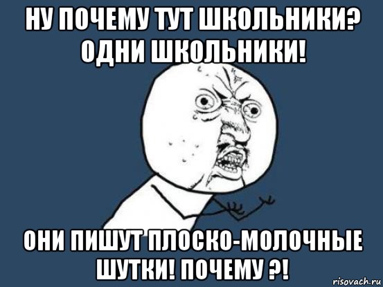 ну почему тут школьники? одни школьники! они пишут плоско-молочные шутки! почему ?!, Мем Ну почему