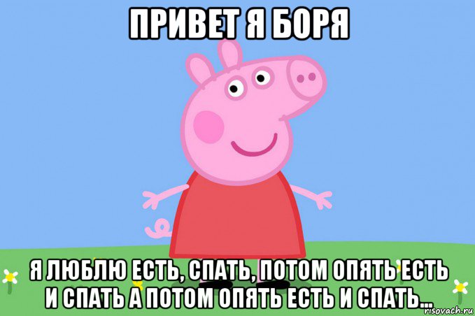 привет я боря я люблю есть, спать, потом опять есть и спать а потом опять есть и спать..., Мем Пеппа