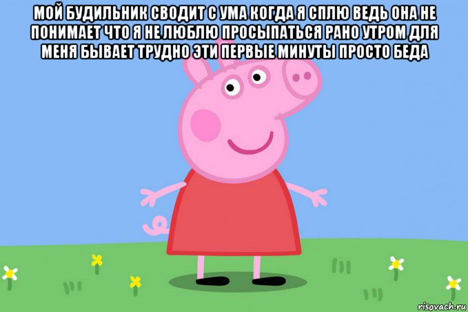 мой будильник сводит с ума когда я сплю ведь она не понимает что я не люблю просыпаться рано утром для меня бывает трудно эти первые минуты просто беда , Мем Пеппа