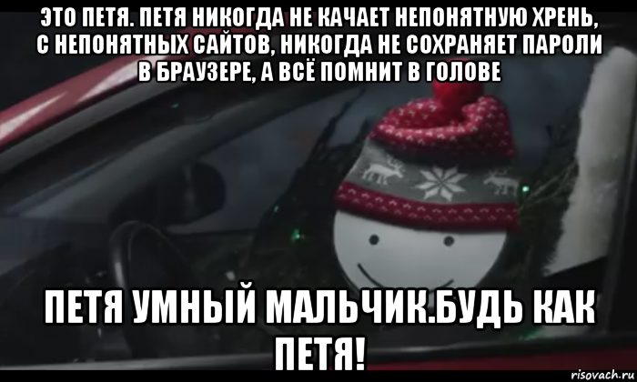 это петя. петя никогда не качает непонятную хрень, с непонятных сайтов, никогда не сохраняет пароли в браузере, а всё помнит в голове петя умный мальчик.будь как петя!, Мем Петя умный будь как петя