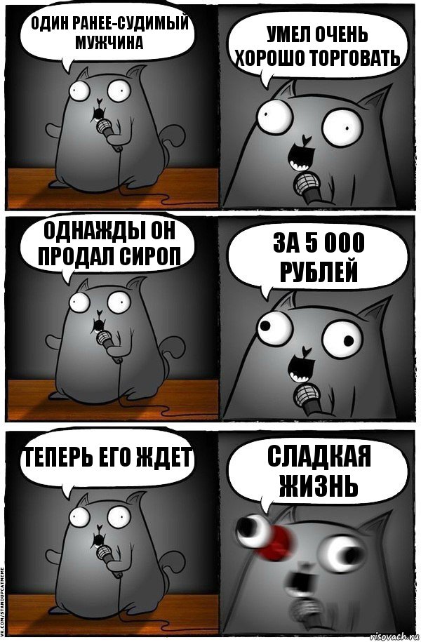 Один ранее-судимый мужчина умел очень хорошо торговать однажды он продал сироп за 5 000 рублей теперь его ждет сладкая жизнь, Комикс  Стендап-кот