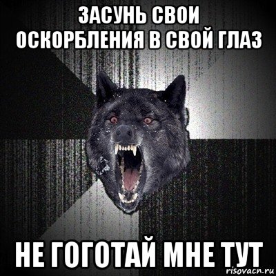 засунь свои оскорбления в свой глаз не гоготай мне тут, Мем Сумасшедший волк