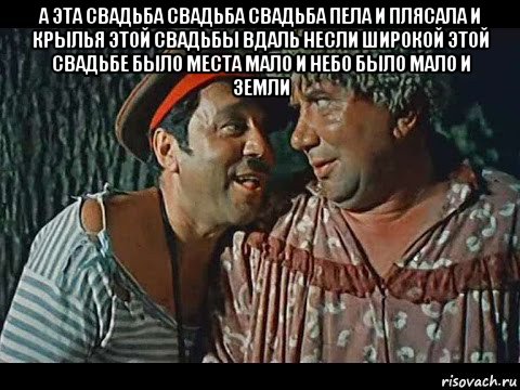 а эта свадьба свадьба свадьба пела и плясала и крылья этой свадьбы вдаль несли широкой этой свадьбе было места мало и небо было мало и земли , Мем Свадьба в малиновке
