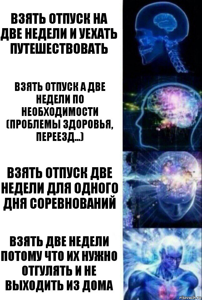 Взять отпуск на две недели и уехать путешествовать Взять отпуск а две недели по необходимости (проблемы здоровья, переезд...) Взять отпуск две недели для одного дня соревнований Взять две недели потому что их нужно отгулять и не выходить из дома, Комикс  Сверхразум