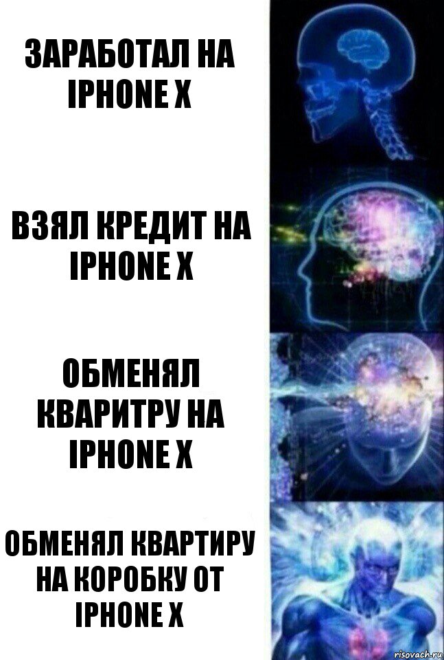 Заработал на iPhone Х Взял кредит на iPhone X Обменял кваритру на IPhOne X Обменял квартиру на коробку от iPhone X, Комикс  Сверхразум