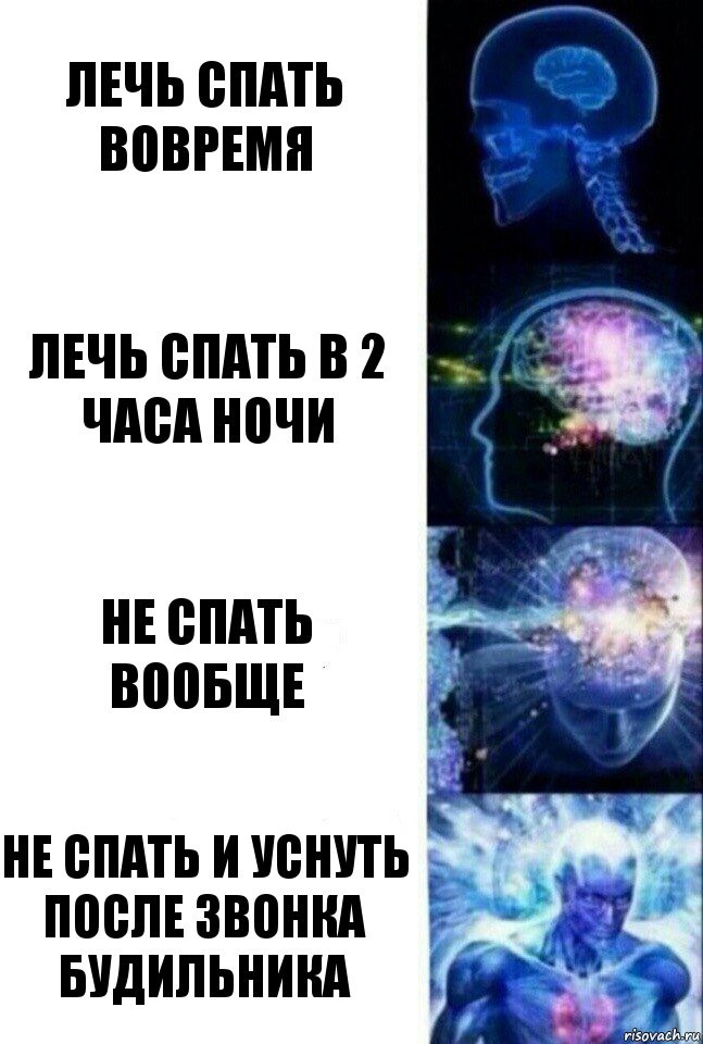 Лечь спать вовремя Лечь спать в 2 часа ночи Не спать вообще Не спать и уснуть после звонка будильника, Комикс  Сверхразум