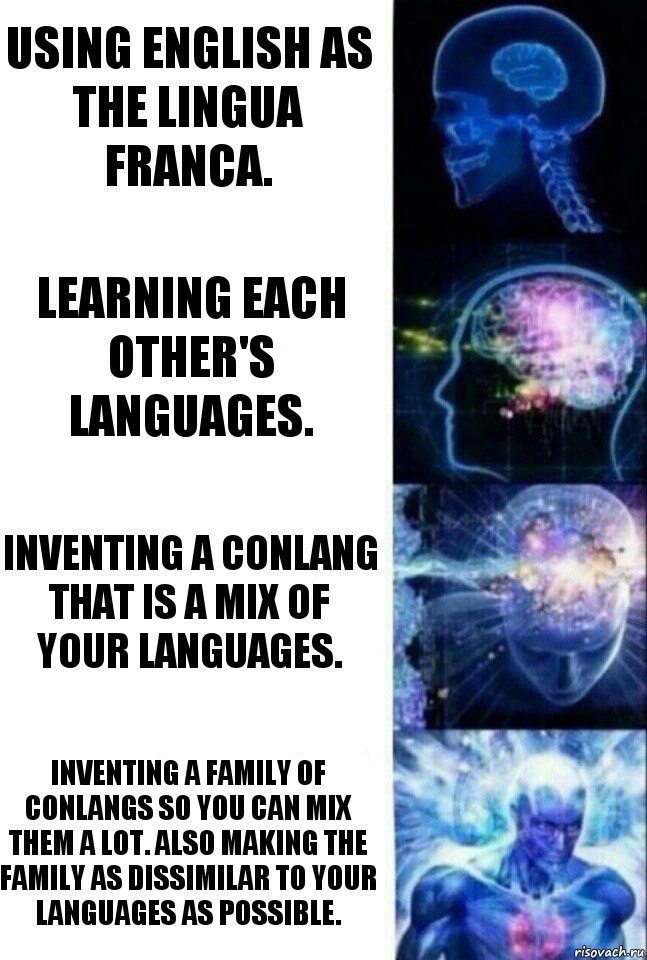 Using English as the lingua franca. Learning each other's languages. Inventing a conlang that is a mix of your languages. Inventing a family of conlangs so you can mix them a lot. Also making the family as dissimilar to your languages as possible., Комикс  Сверхразум