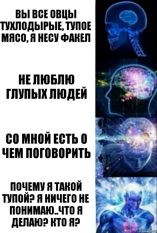 вы все овцы тухлодырые, тупое мясо, я несу факел не люблю глупых людей со мной есть о чем поговорить почему я такой тупой? я ничего не понимаю..что я делаю? кто я?, Комикс  Сверхразум