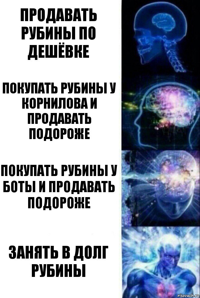 Продавать рубины по дешёвке Покупать рубины у Корнилова и продавать подороже Покупать рубины у боты и продавать подороже Занять в долг рубины, Комикс  Сверхразум