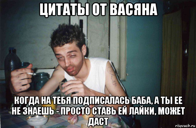 цитаты от васяна когда на тебя подписалась баба, а ты ее не знаешь - просто ставь ей лайки, может даст