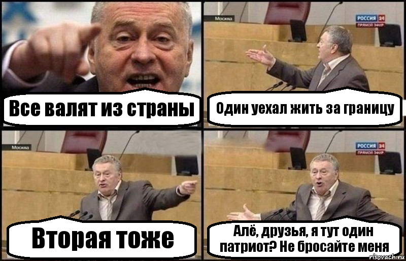 Все валят из страны Один уехал жить за границу Вторая тоже Алё, друзья, я тут один патриот? Не бросайте меня, Комикс Жириновский