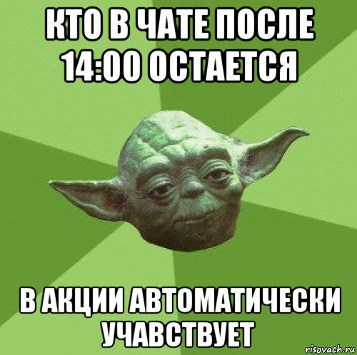 кто в чате после 14:00 остается в акции автоматически учавствует, Мем Мастер Йода