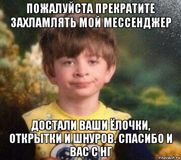 пожалуйста прекратите захламлять мой мессенджер достали ваши ёлочки, открытки и шнуров. спасибо и вас с нг, Мем Недовольный пацан