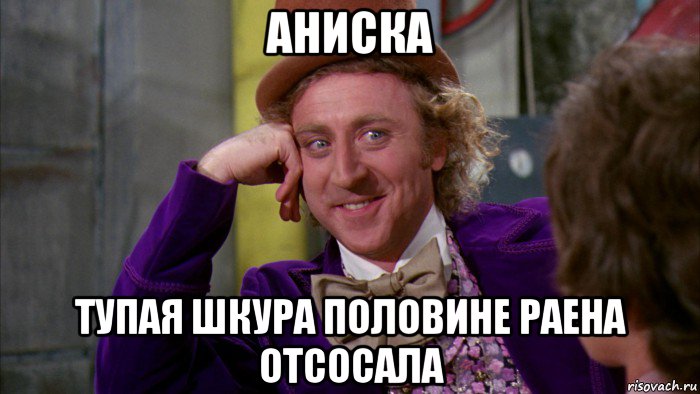 аниска тупая шкура половине раена отсосала, Мем Ну давай расскажи (Вилли Вонка)