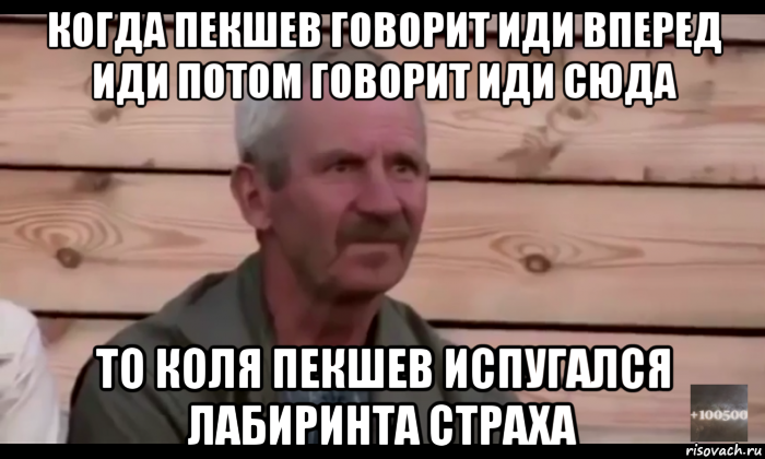 когда пекшев говорит иди вперед иди потом говорит иди сюда то коля пекшев испугался лабиринта страха, Мем  Охуевающий дед