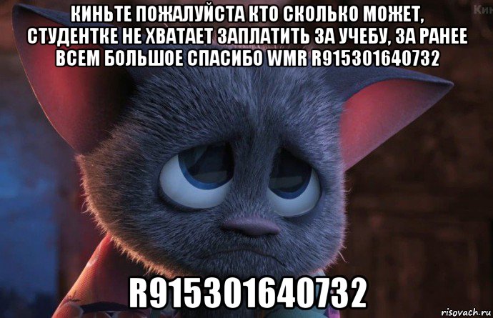 киньте пожалуйста кто сколько может, студентке не хватает заплатить за учебу, за ранее всем большое спасибо wmr r915301640732 r915301640732