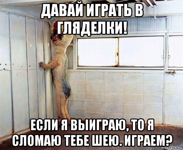 давай играть в гляделки! если я выиграю, то я сломаю тебе шею. играем?