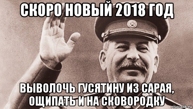 скоро новый 2018 год выволочь гусятину из сарая, ощипать и на сковородку, Мем Сталин