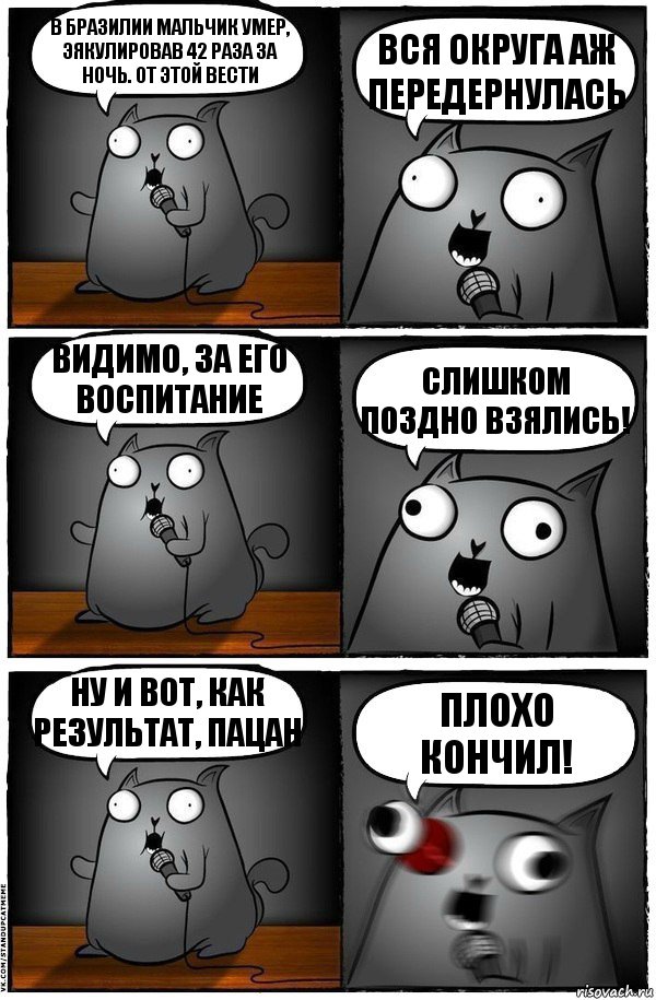 В Бразилии мальчик умер, эякулировав 42 раза за ночь. От этой вести Вся округа аж
Передернулась Видимо, за его воспитание Слишком поздно взялись! Ну и вот, как результат, пацан Плохо кончил!, Комикс  Стендап-кот