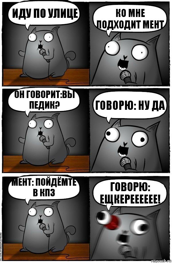 Иду по улице Ко мне подходит мент Он говорит:Вы педик? говорю: Ну да Мент: ПойДёмте в КПЗ ГОВОРЮ: ЕЩКЕРЕЕЕЕЕЕ!, Комикс  Стендап-кот