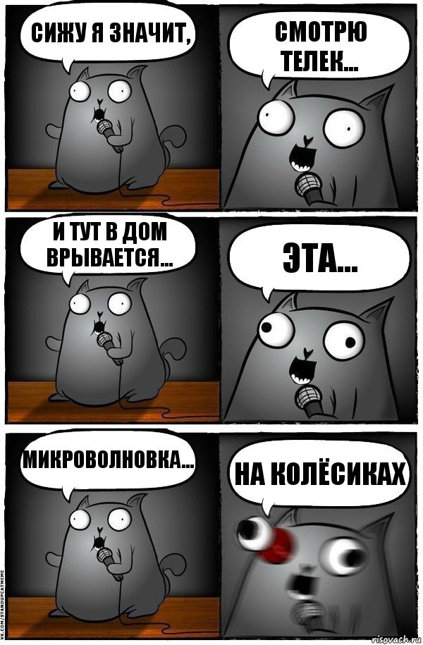 Сижу я значит, Смотрю телек... И тут в дом врывается... Эта... Микроволновка... НА КОЛЁСИКАХ, Комикс  Стендап-кот