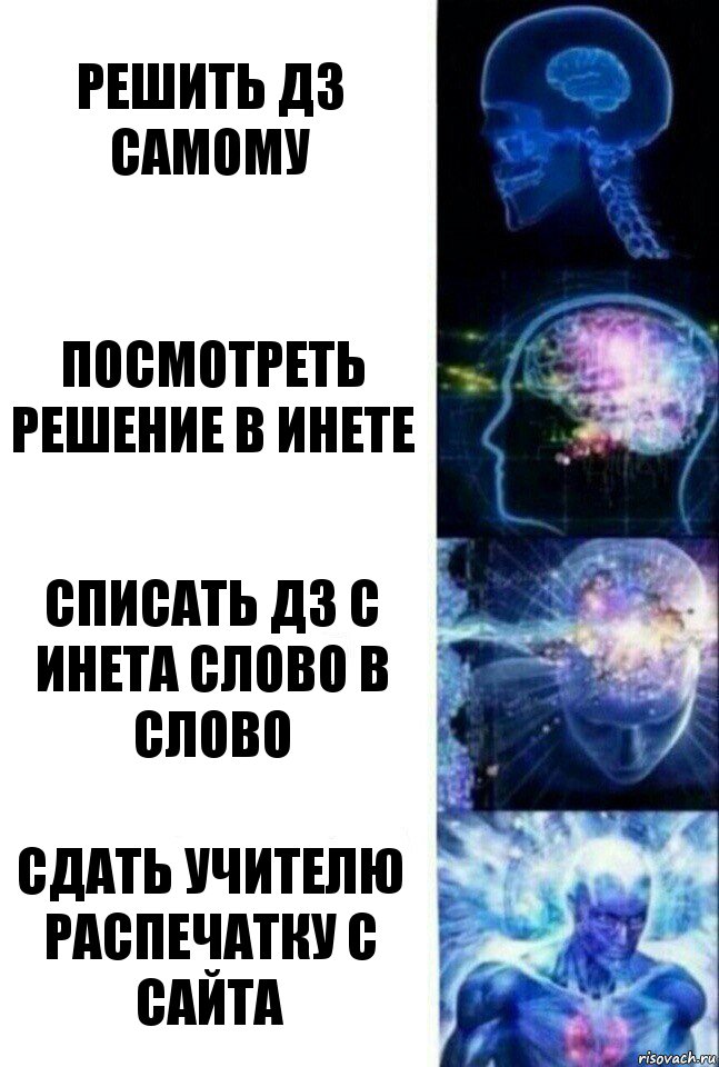 Решить ДЗ самому Посмотреть решение в инете Списать дз с инета слово в слово Сдать учителю распечатку с сайта, Комикс  Сверхразум