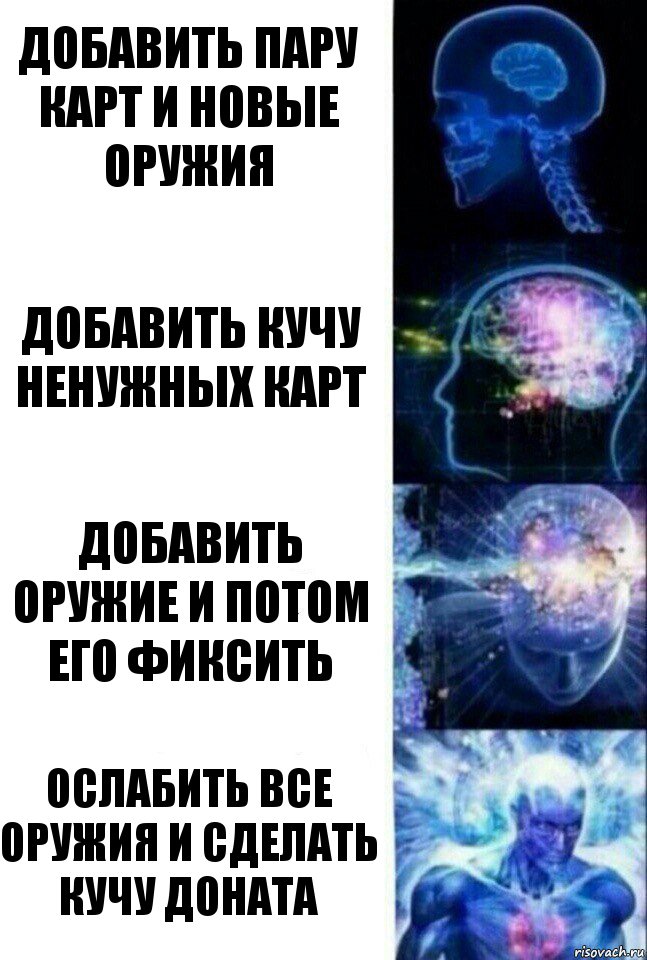 Добавить пару карт и новые оружия Добавить кучу ненужных карт добавить оружие и потом его фиксить ОСЛАБИТЬ ВСЕ ОРУЖИЯ И СДЕЛАТЬ КУЧУ ДОНАТА, Комикс  Сверхразум