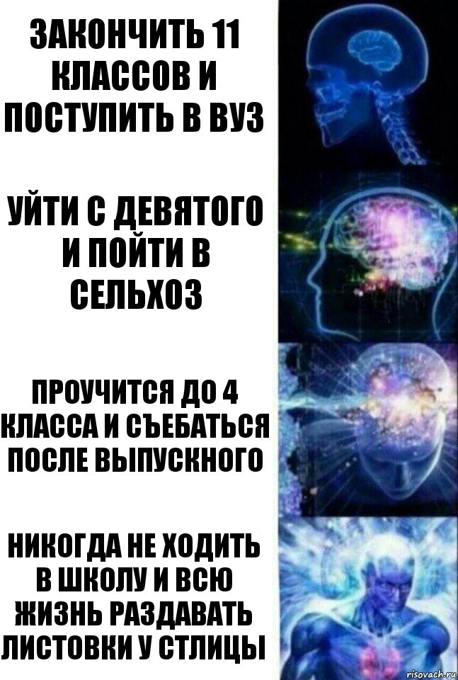 закончить 11 классов и поступить в вуз УЙТИ С ДЕВЯТОГО И ПОЙТИ В СЕЛЬХОЗ ПРОУЧИТСЯ ДО 4 КЛАССА И СЪЕБАТЬСЯ ПОСЛЕ ВЫПУСКНОГО НИКОГДА НЕ ХОДИТЬ В ШКОЛУ И ВСЮ ЖИЗНЬ РАЗДАВАТЬ ЛИСТОВКИ У СТЛИЦЫ, Комикс  Сверхразум