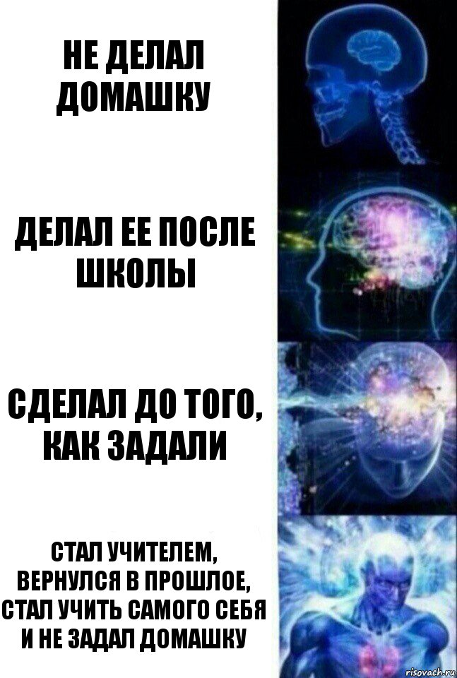 Не делал домашку Делал ее после школы Сделал до того, как задали Стал учителем, вернулся в прошлое, стал учить самого себя и не задал домашку, Комикс  Сверхразум