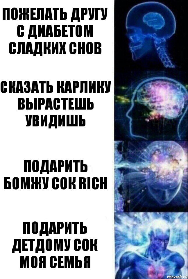 пожелать другу с диабетом сладких снов сказать карлику вырастешь увидишь подарить бомжу сок RICH подарить детдому сок моя семья, Комикс  Сверхразум