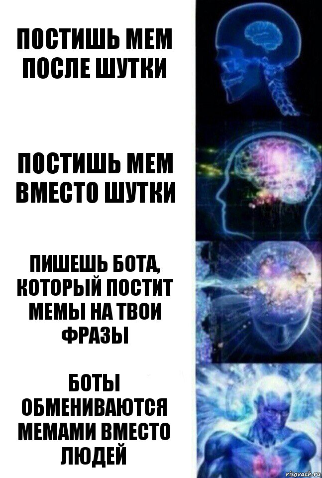 постишь мем после шутки постишь мем вместо шутки пишешь бота, который постит мемы на твои фразы боты обмениваются мемами вместо людей, Комикс  Сверхразум