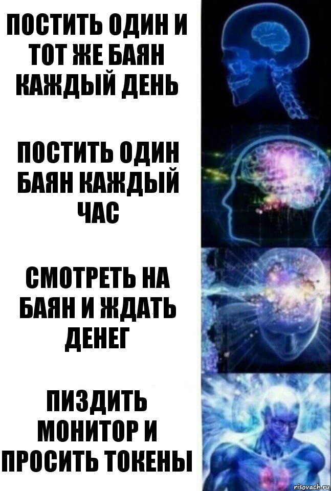 Постить один и тот же баян каждый день Постить один баян каждый час Смотреть на баян и ждать денег Пиздить монитор и просить токены, Комикс  Сверхразум