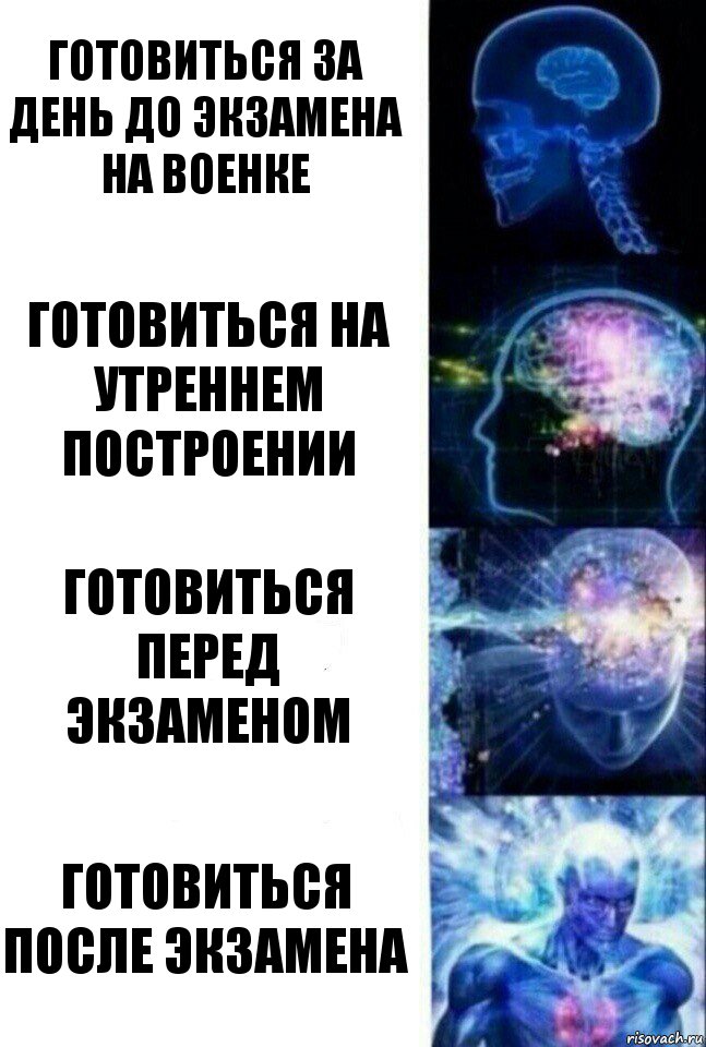 Готовиться за день до экзамена на военке Готовиться на утреннем построении Готовиться перед экзаменом Готовиться после экзамена, Комикс  Сверхразум