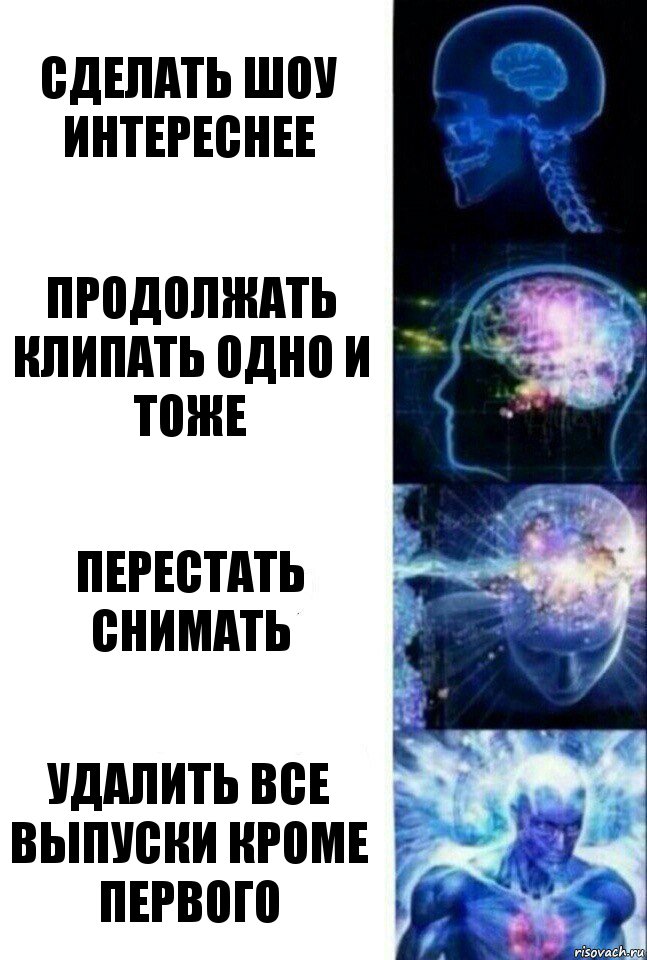 Сделать шоу интереснее Продолжать клипать одно и тоже Перестать снимать Удалить все выпуски кроме первого, Комикс  Сверхразум