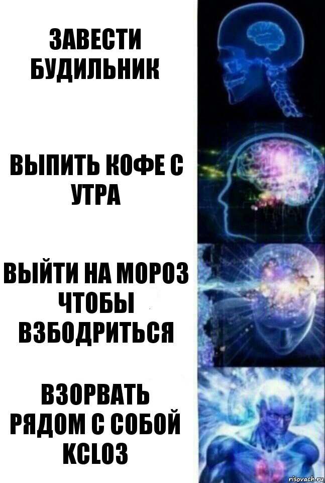 Завести будильник Выпить кофе с утра Выйти на мороз чтобы взбодриться Взорвать рядом с собой KClO3, Комикс  Сверхразум