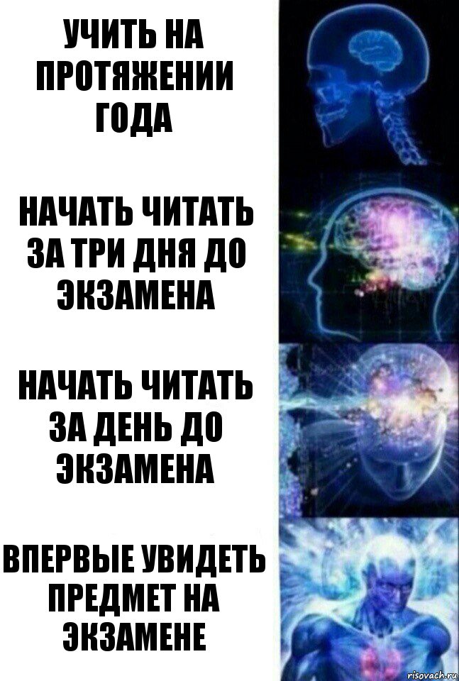 учить на протяжении года начать читать за три дня до экзамена начать читать за день до экзамена впервые увидеть предмет на экзамене, Комикс  Сверхразум