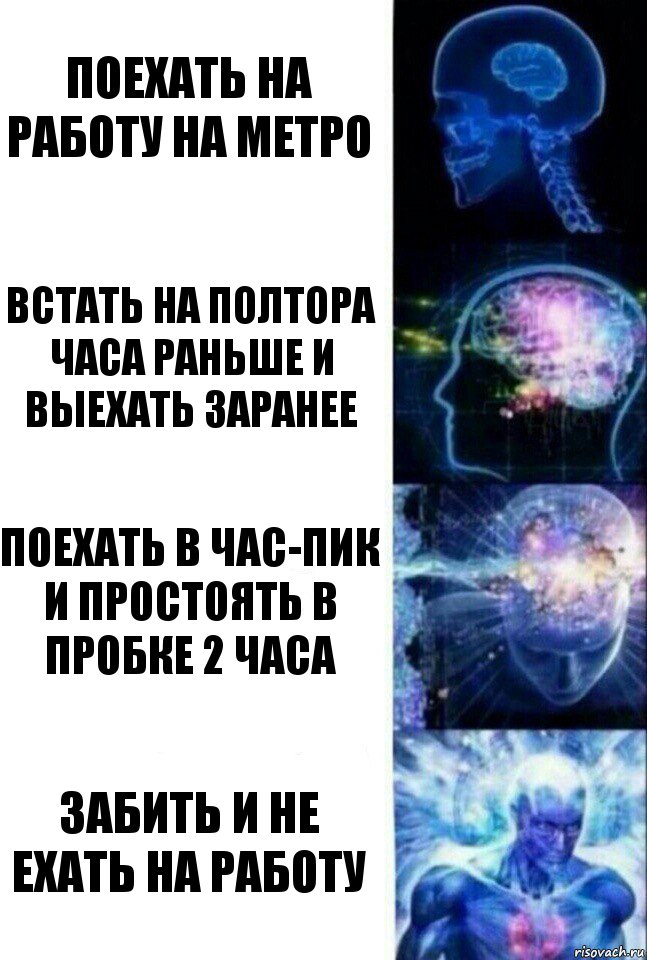 Поехать на работу на метро Встать на полтора часа раньше и выехать заранее Поехать в час-пик и простоять в пробке 2 часа Забить и не ехать на работу, Комикс  Сверхразум