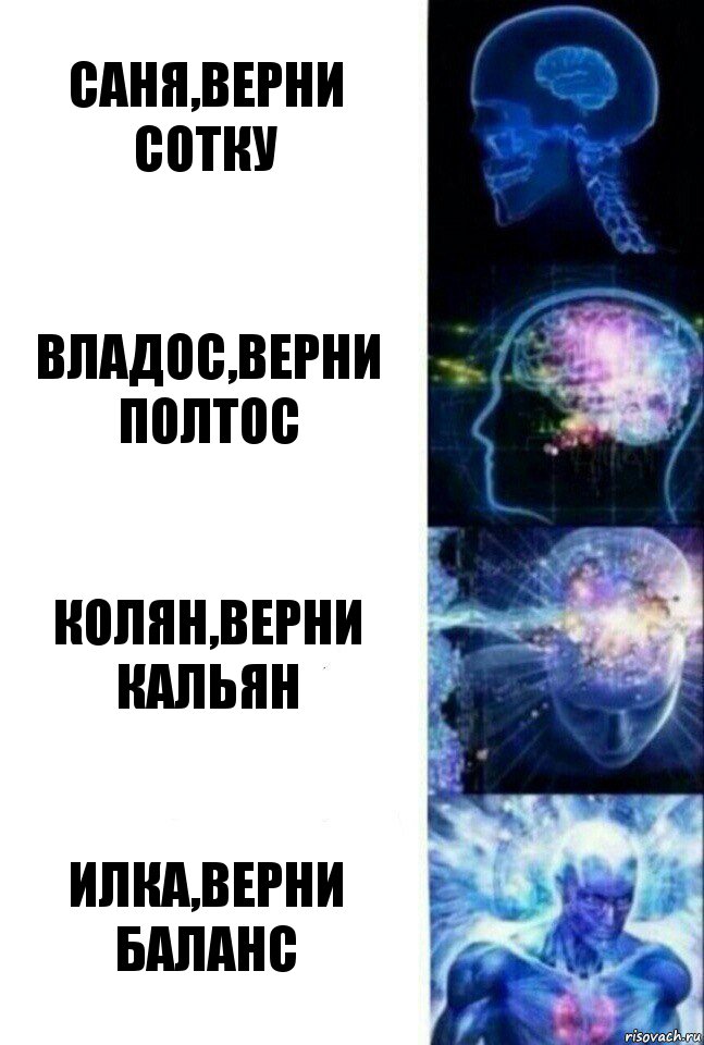 Саня,верни сотку Владос,верни полтос Колян,верни кальян Илка,верни баланс, Комикс  Сверхразум