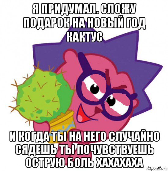 я придумал. сложу подарок на новый год кактус и когда ты на него случайно сядешь ты почувствуешь острую боль хахахаха, Мем Ёжик из смешариков