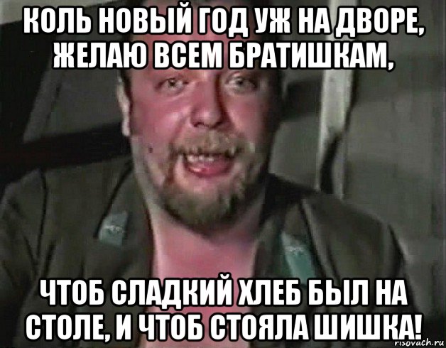коль новый год уж на дворе, желаю всем братишкам, чтоб сладкий хлеб был на столе, и чтоб стояла шишка!
