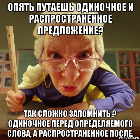 опять путаешь одиночное и распространенное предложение? так сложно запомнить ? одиночное перед определяемого слова, а распространенное после., Мем Злая училка