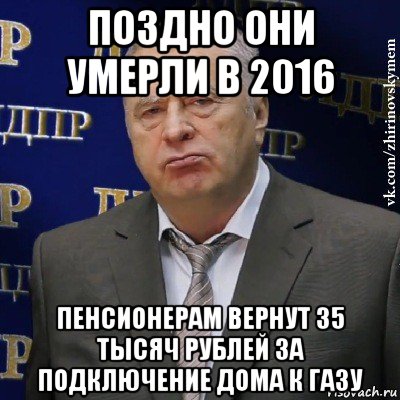 поздно они умерли в 2016 пенсионерам вернут 35 тысяч рублей за подключение дома к газу, Мем Хватит это терпеть (Жириновский)