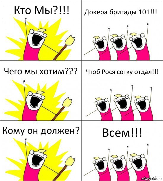 Кто Мы?!!! Докера бригады 101!!! Чего мы хотим??? Чтоб Рося сотку отдал!!! Кому он должен? Всем!!!, Комикс кто мы